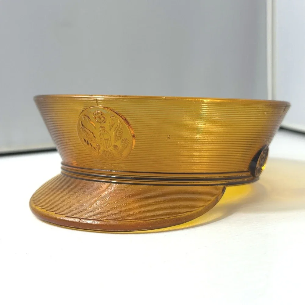 Vintage Military Service Cap Glass Bowl Amber Orange Eagle